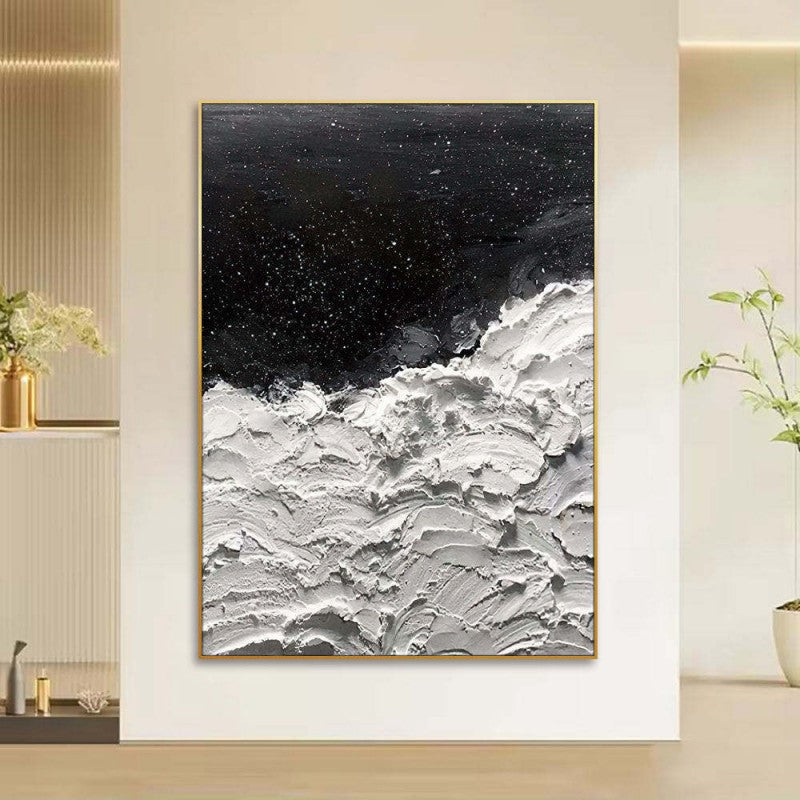 Handmade Thick Abstract Oil Painting Canvas Wall Art Decoration Modern New Design Origianl Art Oceans Of Stars Black And White Seawave Wall Art Decor For Home Decor Rolled Frameless Painting