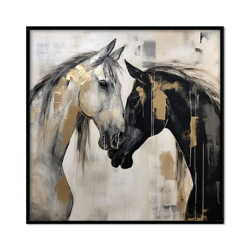 Hand-Painted Abstract Animal Horses Painting Texture Canvas Wall Art Modern Black And White Horses Painting Contemporary Office Decor